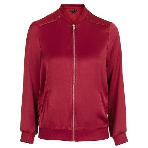 Topshop Jackets & Blazers - Topshop Red Satin Lightweight Zip Bomber Jacket